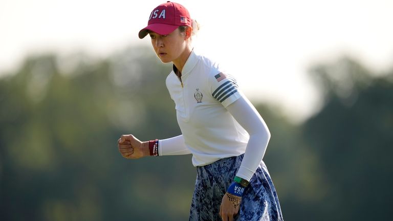 United States' Nelly Korda celebrates after sinking a putt on...