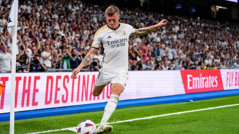 Real Madrid's Toni Kroos kicks the ball during a Spanish...