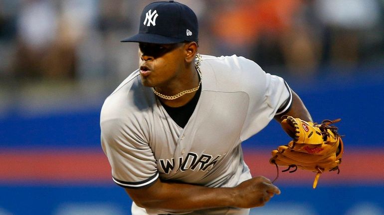 Luis Severino of the Yankees pitches against the Mets at...