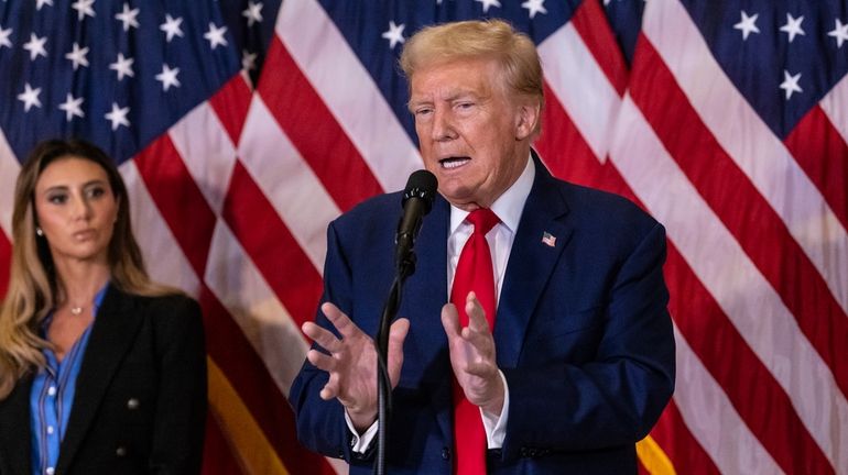 Republican presidential nominee former President Donald Trump speaks during a...