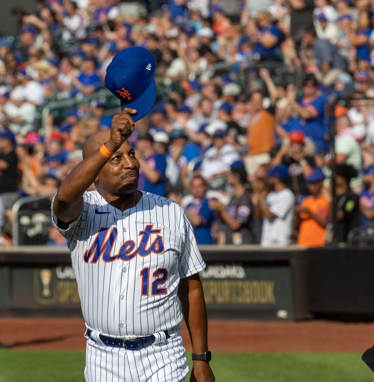 Former New York Mets' John Franco reacts as he is introduced