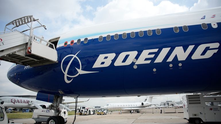 The Boeing 777X airplane is shown at the Paris Air...