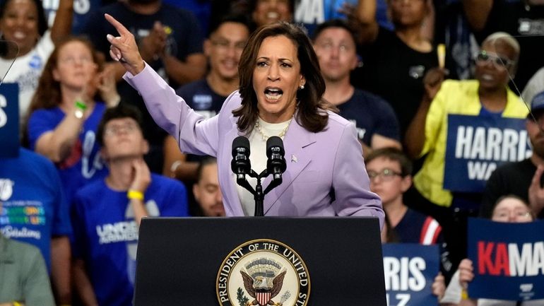 Democratic presidential nominee Vice President Kamala Harris speaks at a...