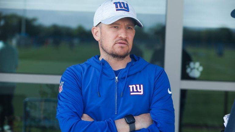 Shea Tierney, quarterbacks coach speaks during the New York Giants...