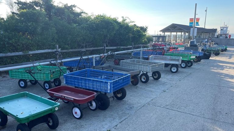 A lone red Radio Flyer wagon is surrounded by larger...