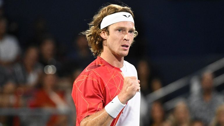 Andrey Rublev of Russia reacts during his quarter-final match against...