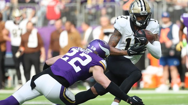 New Orleans Saints wide receiver A.T. Perry (17) runs against...