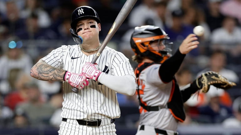 Alex Verdugo of the Yankees strikes out during the sixth inning...