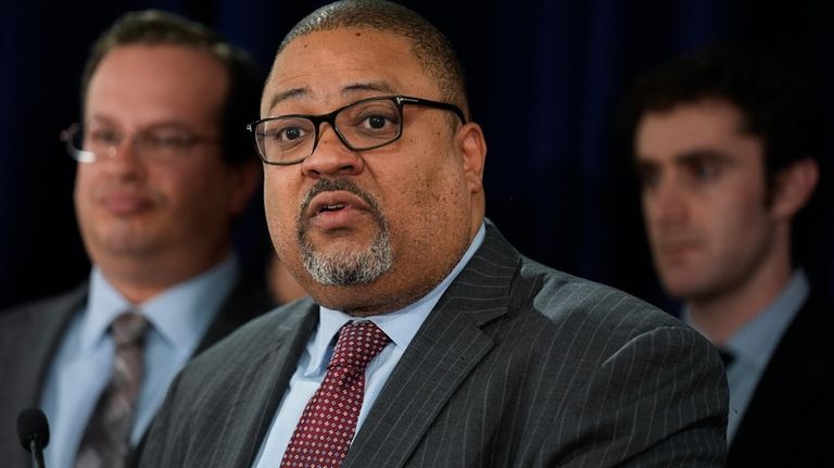 Manhattan District Attorney Alvin Bragg speaks to the media after...