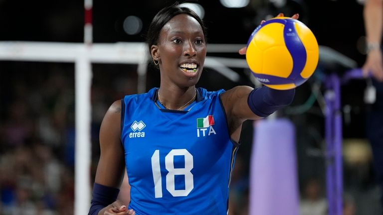 Paola Egonu of Italy takes the ball during a gold...