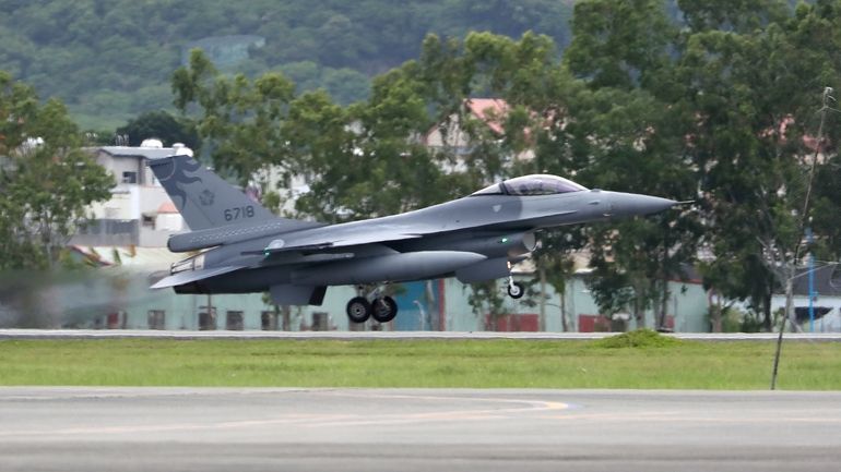 An air force F-16V fighter aircraft takes off during the...