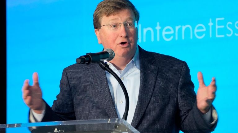 Republican Gov. Tate Reeves speaks at Bolton-Edwards Elementary/Middle School, in...