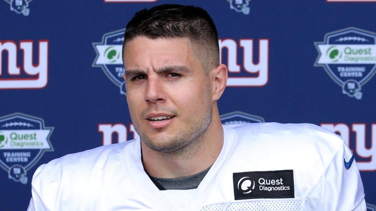 Giants linebacker Blake Martinez speaks with the media after practice during...