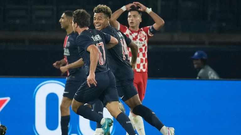 PSG players celebrate after a goal during the Champions League...