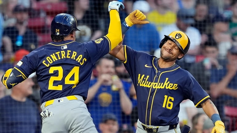 Milwaukee Brewers' William Contreras (24) celebrates after his two-run home...