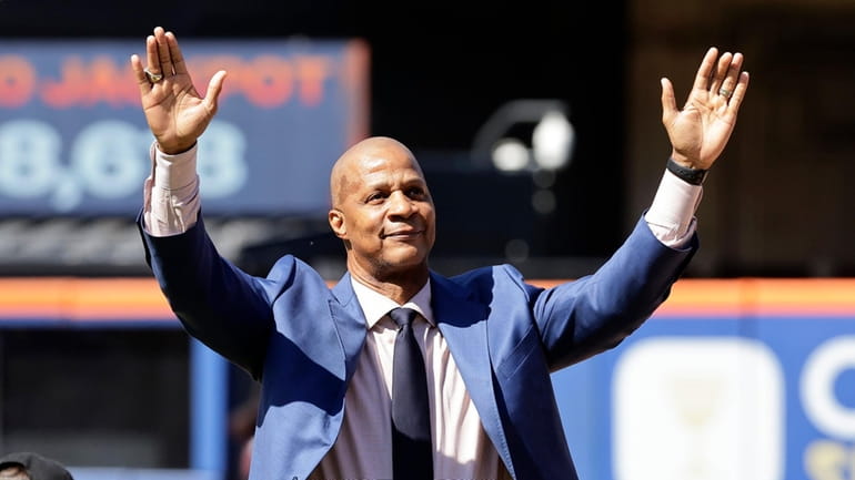 Darryl Strawberry is introduced for his jersey retirement ceremony prior...