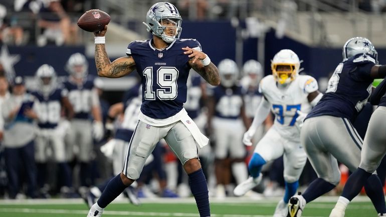 Dallas Cowboys quarterback Trey Lance throws a pass during the...