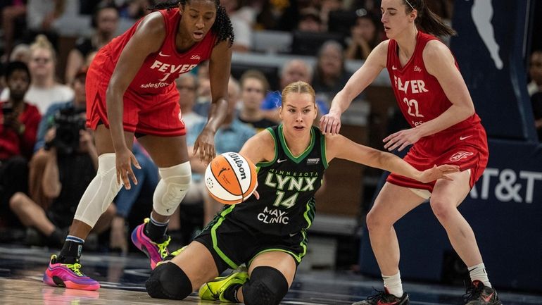 Minnesota Lynx forward Dorka Juhasz (14) is pressured by Indiana...