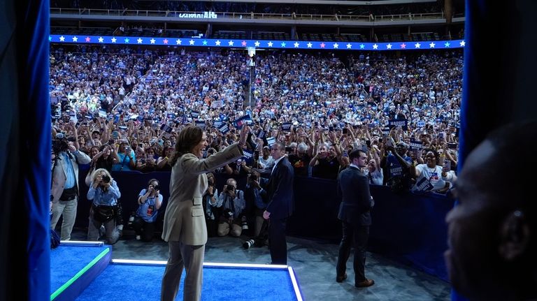 Democratic presidential nominee Vice President Kamala Harris arrives as she...