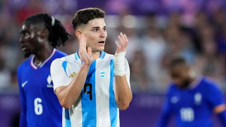 Argentina's Julian Alvarez reacts during a quarter final soccer match...