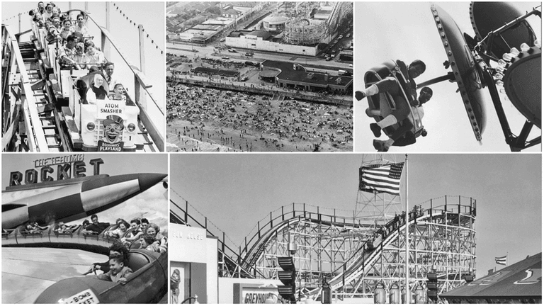 Scenes from Rockaways' Playland, clockwise from top left: A roller coaster;...