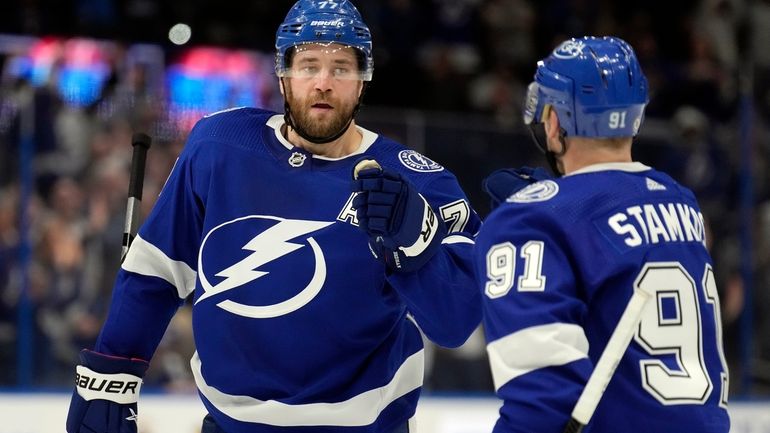 Tampa Bay Lightning defenseman Victor Hedman (77) celebrates his goal...