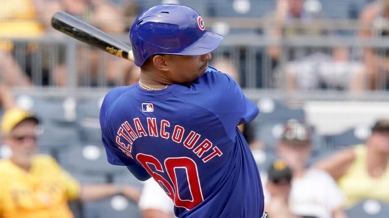 Chicago Cubs' Christian Bethancourt hits an RBI single during the...