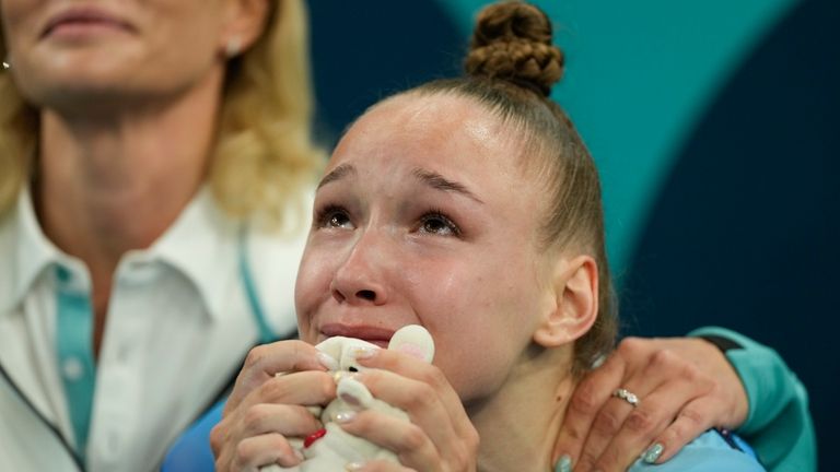 Anzhela Bladtceva of the Individual Neutral Athletes waits for scores...