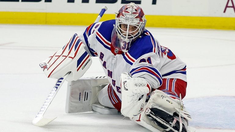 Rangers goaltender Igor Shesterkin makes a save in Game 6 against...