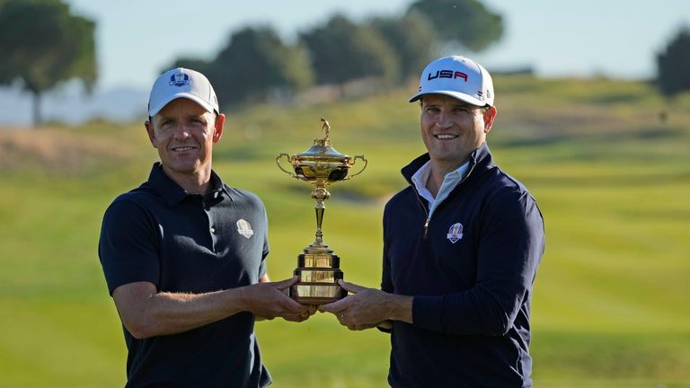 European Captain Luke Donald, left, and United States Captain Zach...