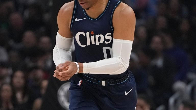 Los Angeles Clippers guard Russell Westbrook up the court during...