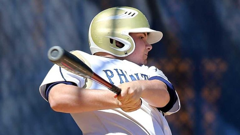 Bayport-Blue Point's P.J. Weeks follows through on his game-winning hit...