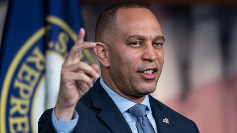 House Minority Leader Hakeem Jeffries, D-N.Y., meets with reporters during...