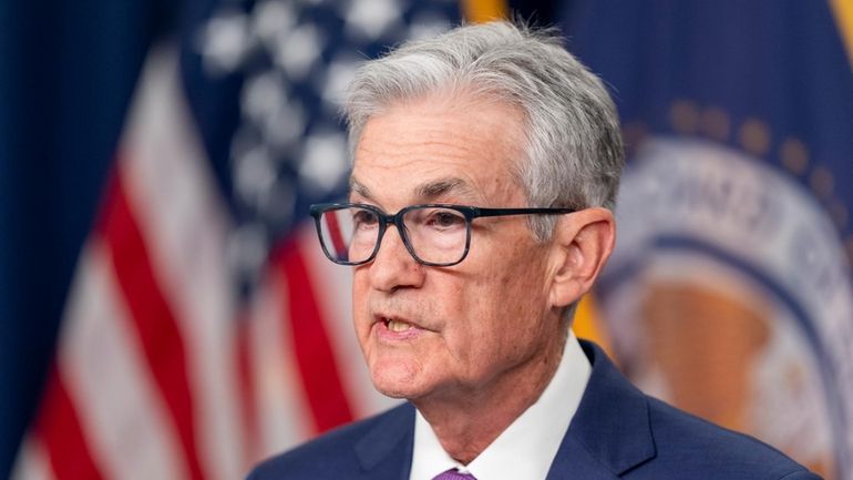 Federal Reserve Board Chair Jerome Powell speaks during a news...