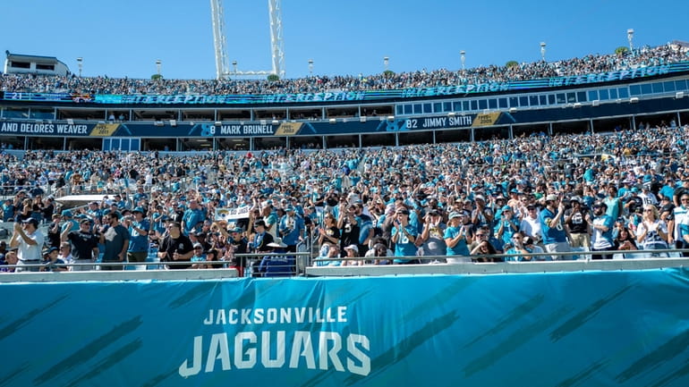 Jacksonville Jaguars fans cheer during an NFL football game at...