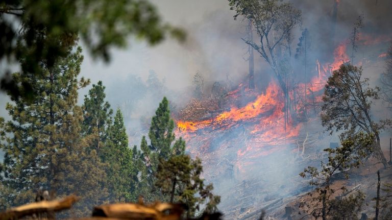 The Park Fire burns along Highway 32 near Forest Ranch,...