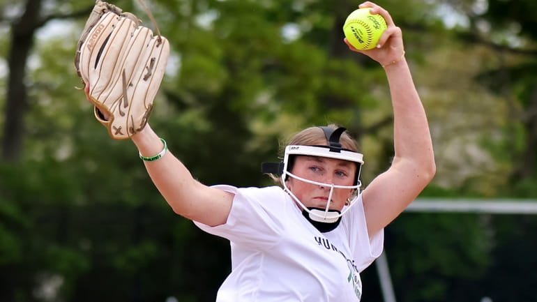 Riverhead starting pitcher Mya Marelli delivers a pitch against Half...