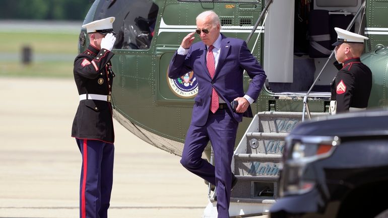 President Joe Biden arrives at the Delaware Air National Guard...