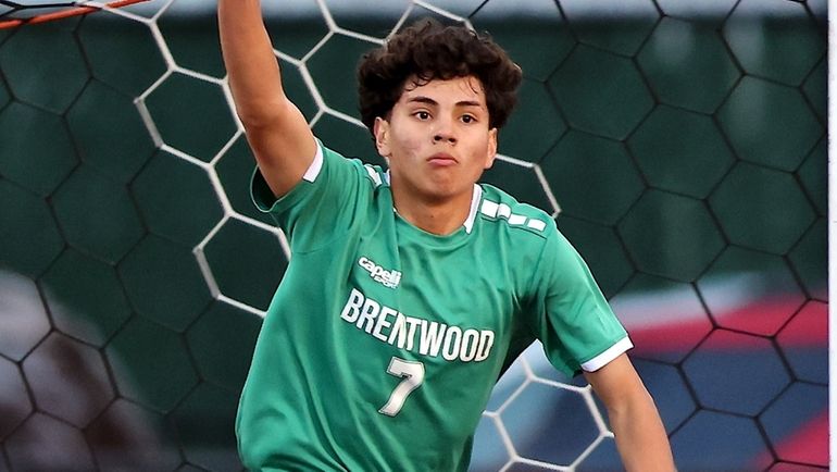 Brentwood midfielder Diego Argueta reacts after scoring a goal against...