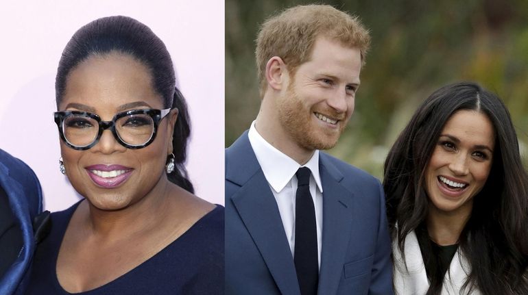 Oprah Winfrey, left, interviews Prince Harry and his wife, Meghan, in...