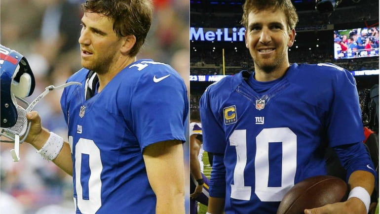 A composite of Eli Manning after a loss, left, and...