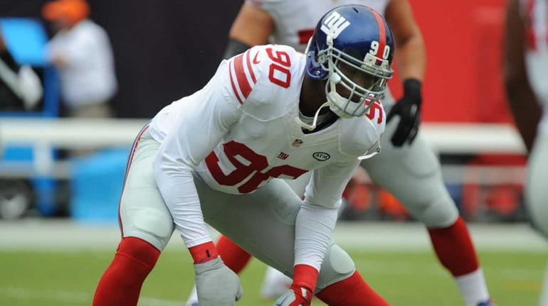 New York Giants defensive end Jason Pierre-Paul #90 warms up...