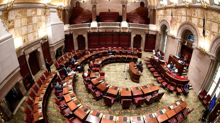 View of New York State's senate chamber. Members of the Senate...