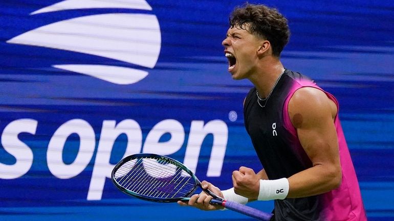 Ben Shelton reacts during a match against Frances Tiafoe during...