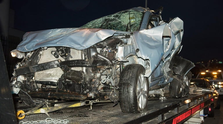 A vehicle involved in a fatal crash early Wednesday, Aug....