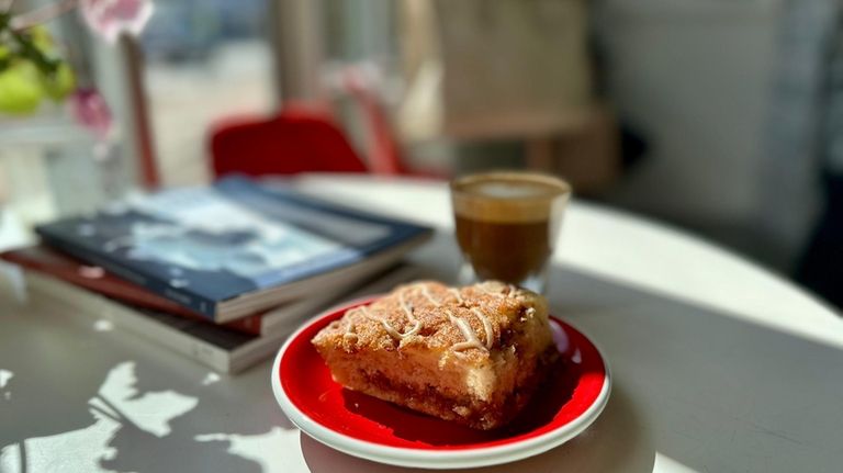 Cinnamon coffee cake and a cortado at Kismet Coffee Co....