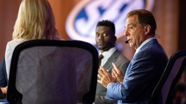 ESPN sportscaster and former football coach Nick Saban speaks during...