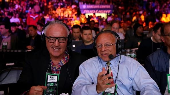 SiriusXM broadcasters Gerry Cooney, left, and Randy Gordon comment during...