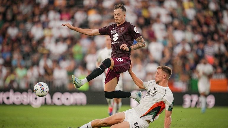 Torino's Ivan Ilic, left, and Venezia's Michael Svoboda in action...