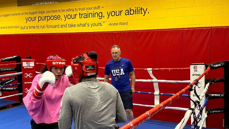 U.S. Olympic boxer Jajaira Gonzalez, left, spars with teammate Jennifer...